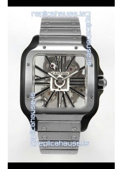 Santos De Cartier Super Clone Watch in Skeleton Dial Brushed DLC Coated Steel Casing Watch 