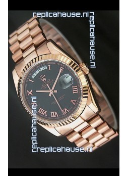 Rolex Day Date Swiss Rose Gold Watch in Black Dial