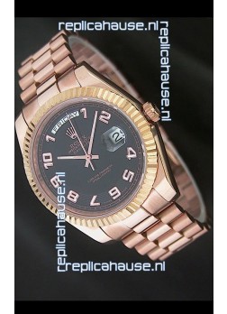 Rolex Day Date Swiss Replica Steel Watch in Black Dial