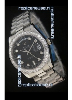 Rolex Day Date Just swiss Replica Black Watch in Full Diamond Bezel