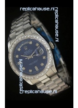 Rolex Day Date Just swiss Replica Blue Watch in Full Diamond Bezel
