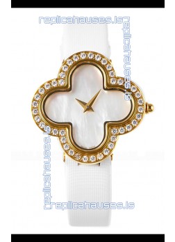 Van Cleef & Arpels Alhambra Yellow Gold Diamonds Bezel Pearl Dial Watch 