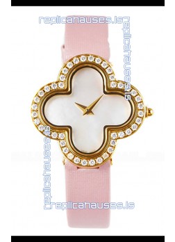 Van Cleef & Arpels Alhambra Yellow Gold Diamonds Bezel Pink Strap Watch 