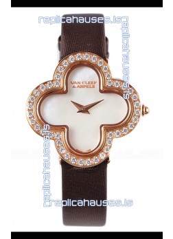 Van Cleef & Arpels Alhambra Rose Gold Diamonds Bezel Black Strap Watch 