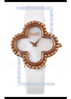 Van Cleef & Arpels Alhambra Rose Gold White Strap Watch 