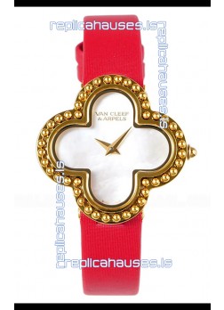 Van Cleef & Arpels Alhambra Yellow Gold Red Strap Watch 