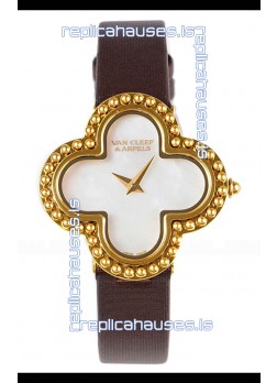 Van Cleef & Arpels Alhambra Yellow Gold Brown Strap Watch 