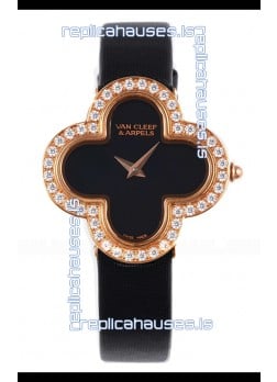 Van Cleef & Arpels Alhambra Rose Gold Diamonds Bezel Black Strap Watch 