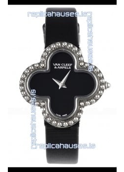 Van Cleef & Arpels Alhambra Stainless Steel Black Strap Watch 