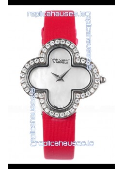 Van Cleef & Arpels Alhambra Stainless Steel Diamonds Bezel Red Strap Watch 