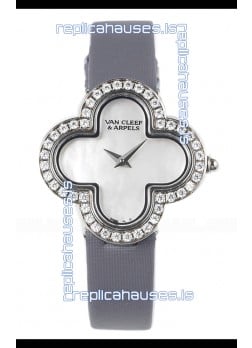 Van Cleef & Arpels Alhambra Stainless Steel Diamonds Bezel Grey Strap Watch 